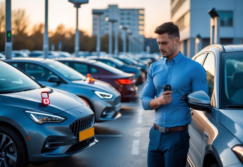 How to stop car theft UK with anti-theft devices and security cameras in a city parking lot