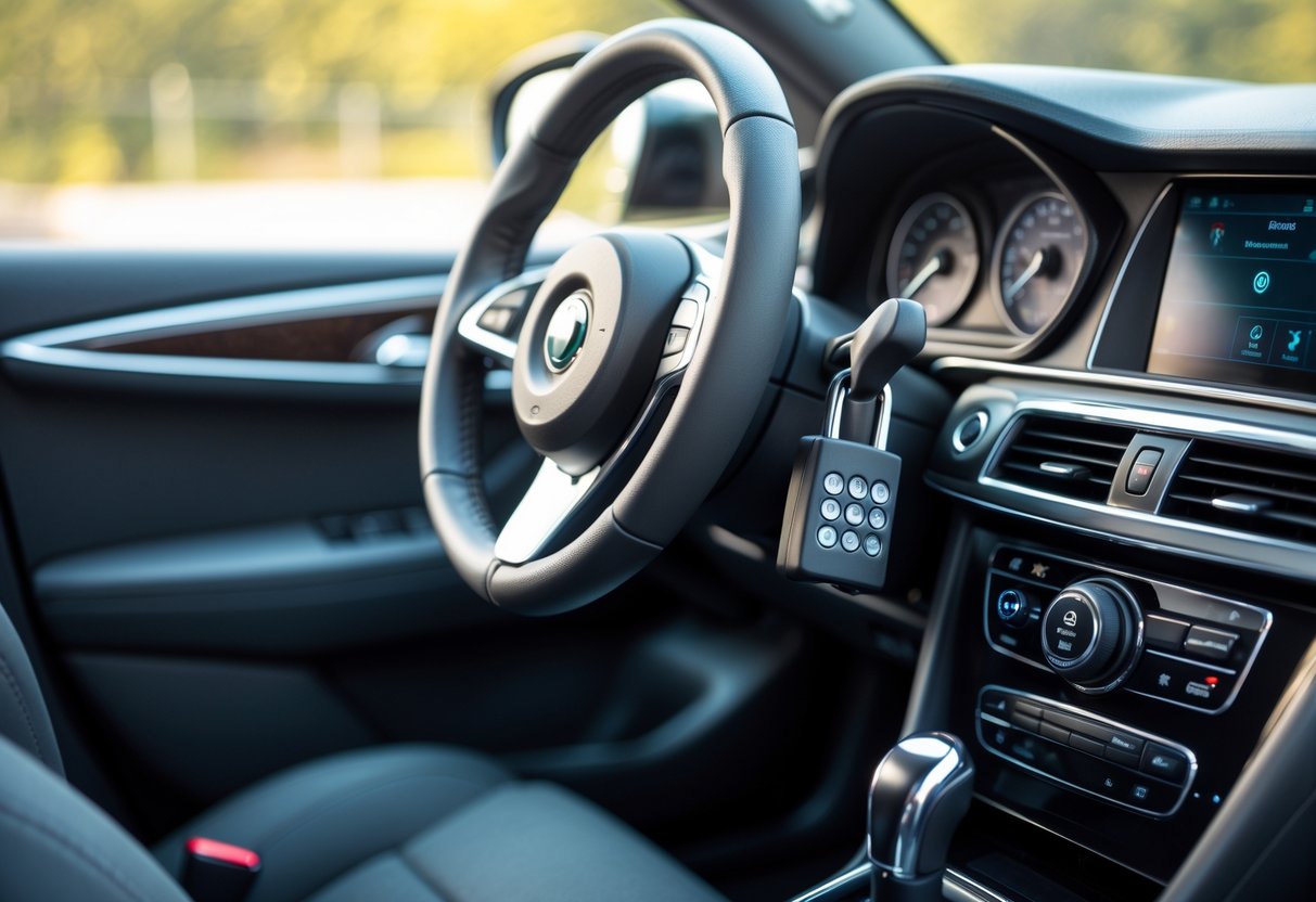 Close-up showing steering locks, OBD port protectors, and anti-theft devices inside a car