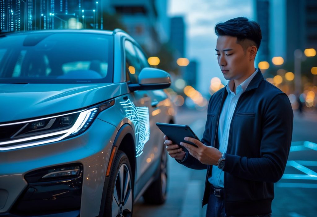 Electric car security tips for parked EV in a city, person checking car with a tablet, digital cybersecurity graphics