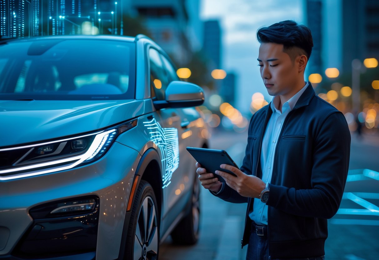 Electric car security tips for parked EV in a city, person checking car with a tablet, digital cybersecurity graphics