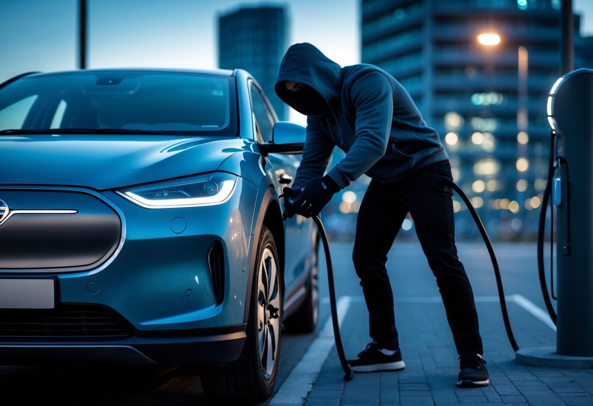 Thief attempting to tamper with electric car charging port, electric car security tips in urban setting