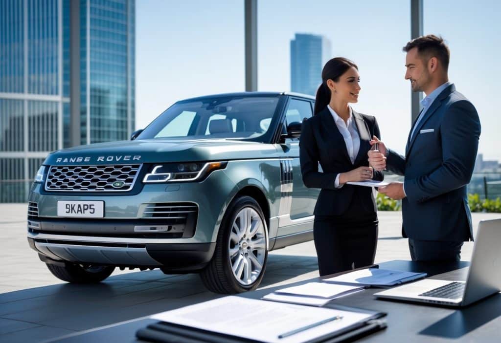 Range Rover insurance agent discussing policy costs with Range Rover owner in city